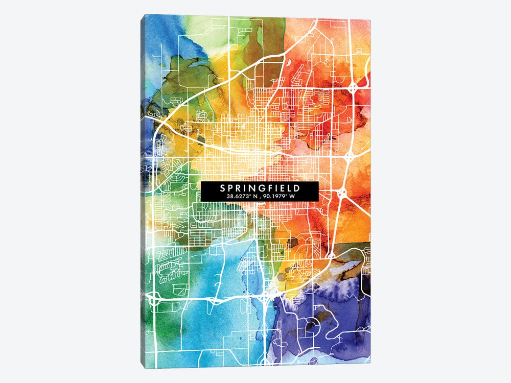 Springfield, Illinois City Map Colorful Watercolor Style by WallDecorAddict 1-piece Canvas Art Print