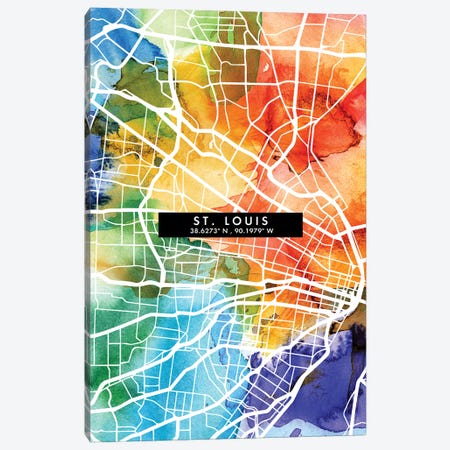 Saint Louis City Map Colorful Watercolor Style Canvas Print #WDA1894} by WallDecorAddict Canvas Wall Art