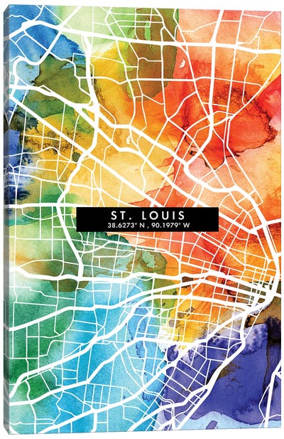 Saint Louis City Map Colorful Watercolor Style Canvas Art Print - St. Louis Maps