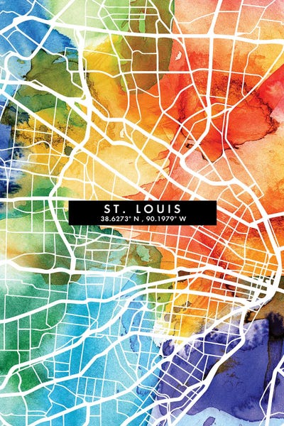 Missouri: Saint Louis City Map Colorful Watercolor Style by WallDecorAddict
