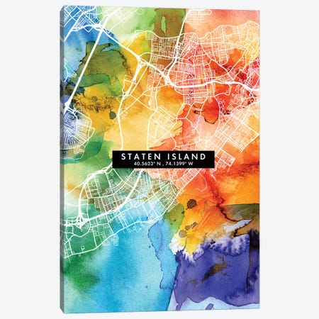 Staten Island, New York City Map Colorful Watercolor Style Canvas Print #WDA1895} by WallDecorAddict Canvas Artwork