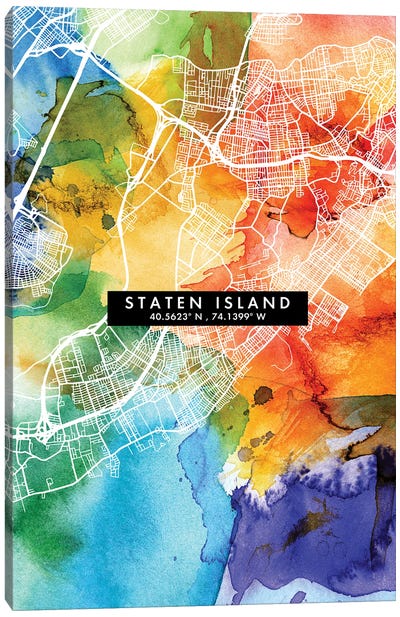 Staten Island, New York City Map Colorful Watercolor Style Canvas Art Print - WallDecorAddict