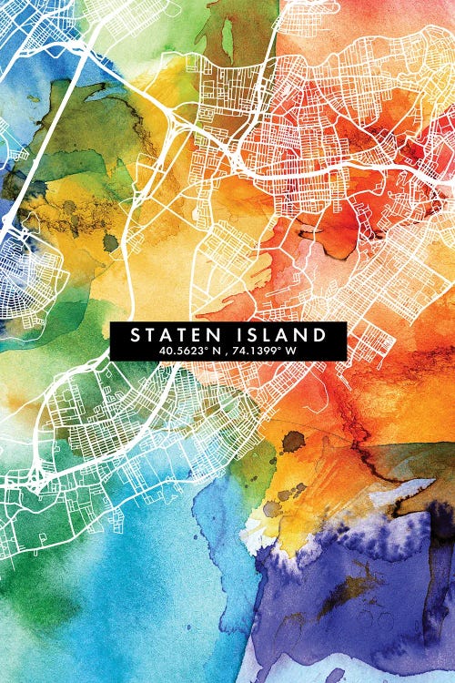 Staten Island, New York City Map Colorful Watercolor Style