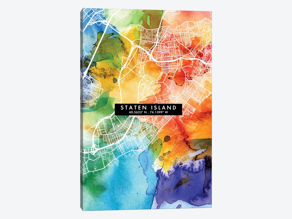 Staten Island, New York City Map Colorful Watercolor Style by WallDecorAddict 1-piece Canvas Print