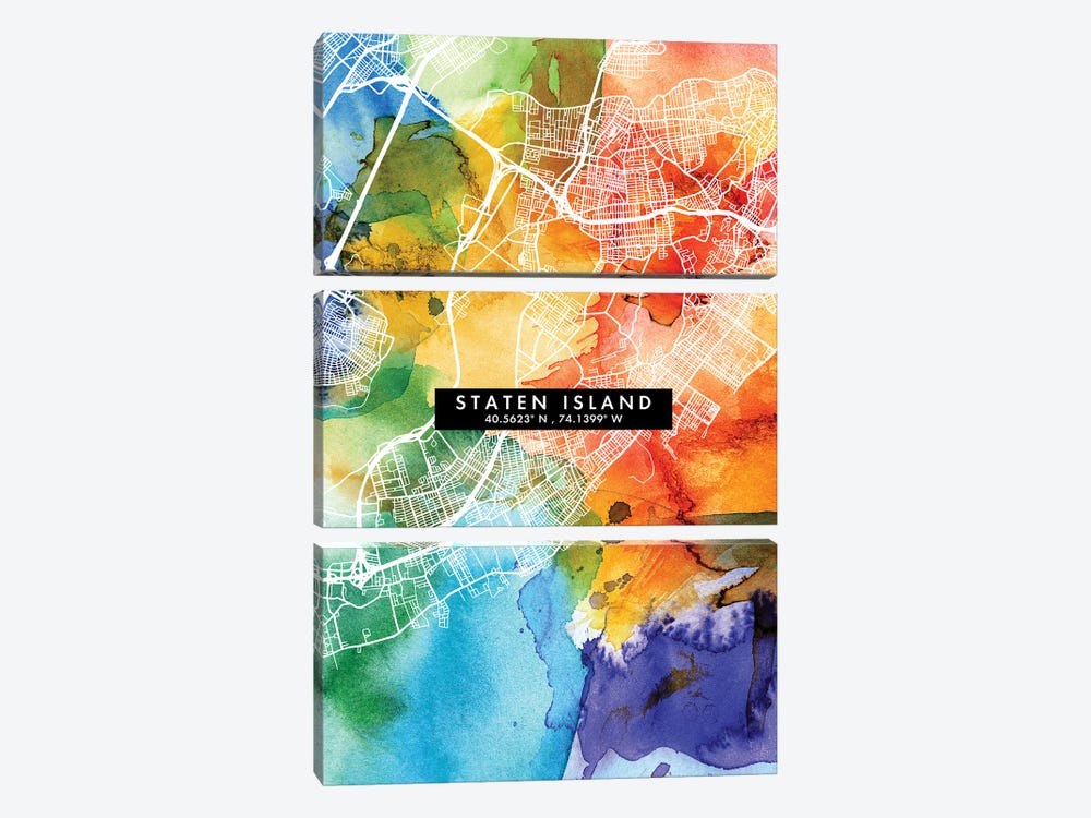 Staten Island, New York City Map Colorful Watercolor Style by WallDecorAddict 3-piece Art Print