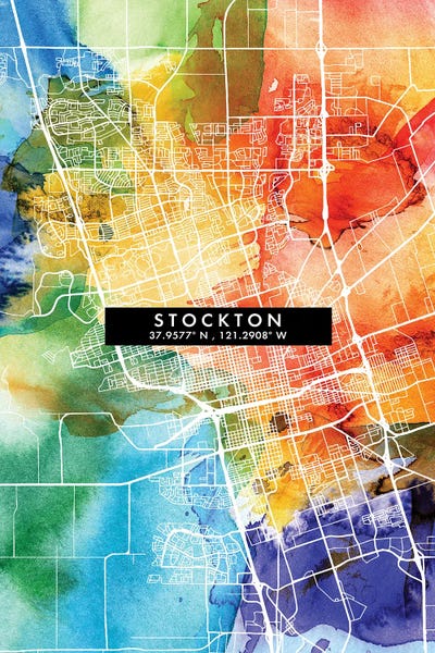 Stockton, California City Map Colorful Watercolor Style by WallDecorAddict canvas print