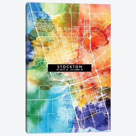 Stockton, California City Map Colorful Watercolor Style Canvas Print #WDA1896} by WallDecorAddict Canvas Art