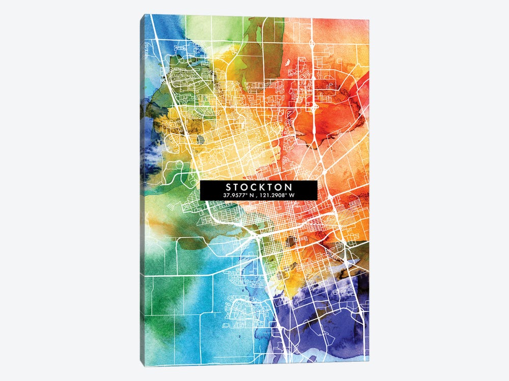 Stockton, California City Map Colorful Watercolor Style by WallDecorAddict 1-piece Canvas Artwork