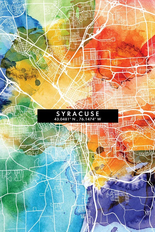 Syracuse City Map Colorful Watercolor Style by WallDecorAddict wall art