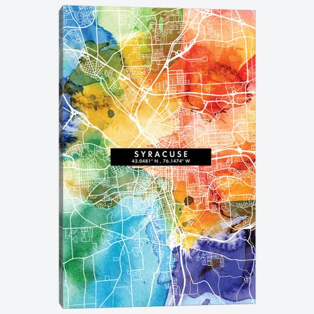 Syracuse City Map Colorful Watercolor Style Canvas Print #WDA1897} by WallDecorAddict Canvas Wall Art