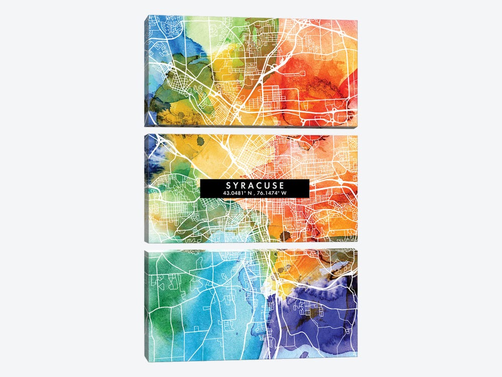 Syracuse City Map Colorful Watercolor Style by WallDecorAddict 3-piece Canvas Print