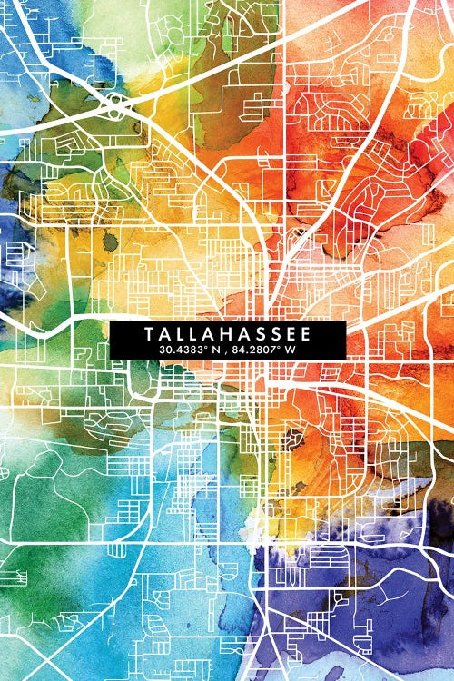 Tallahassee, Florida City Map Colorful Watercolor Style by WallDecorAddict wall art