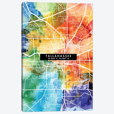 Tallahassee, Florida City Map Colorful Watercolor Style Canvas Print #WDA1898} by WallDecorAddict Art Print