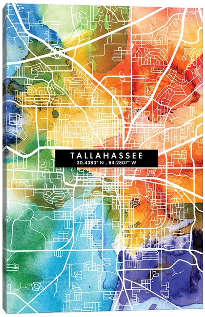 Tallahassee, Florida City Map Colorful Watercolor Style Canvas Art Print