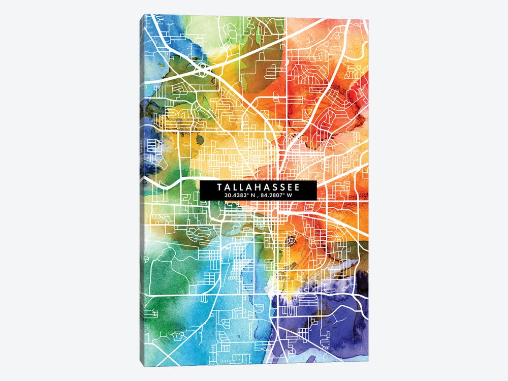 Tallahassee, Florida City Map Colorful Watercolor Style by WallDecorAddict 1-piece Canvas Art