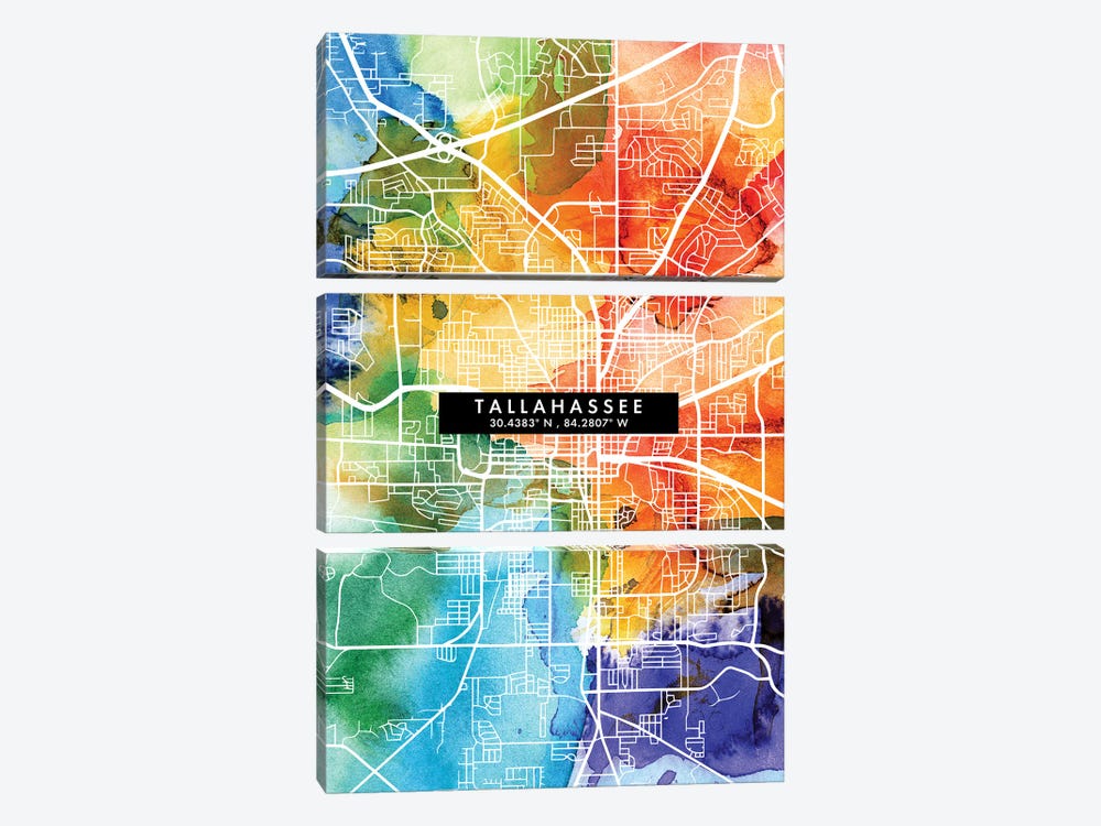 Tallahassee, Florida City Map Colorful Watercolor Style by WallDecorAddict 3-piece Canvas Art