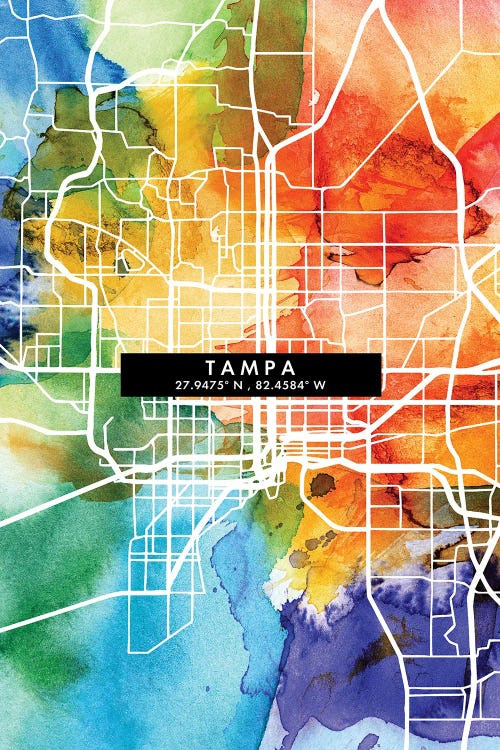 Tampa City Map Colorful Watercolor Style