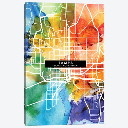 Tampa City Map Colorful Watercolor Style Canvas Print #WDA1899} by WallDecorAddict Art Print