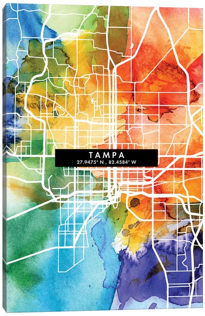 Tampa City Map Colorful Watercolor Style Canvas Art Print - Tampa Art