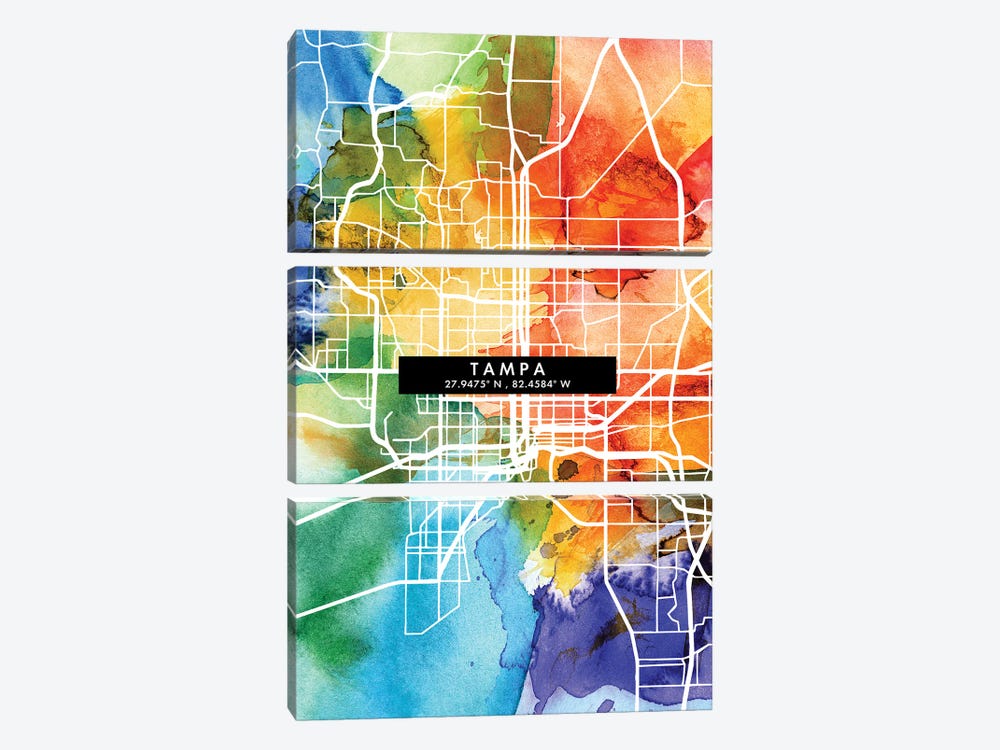 Tampa City Map Colorful Watercolor Style by WallDecorAddict 3-piece Canvas Art Print