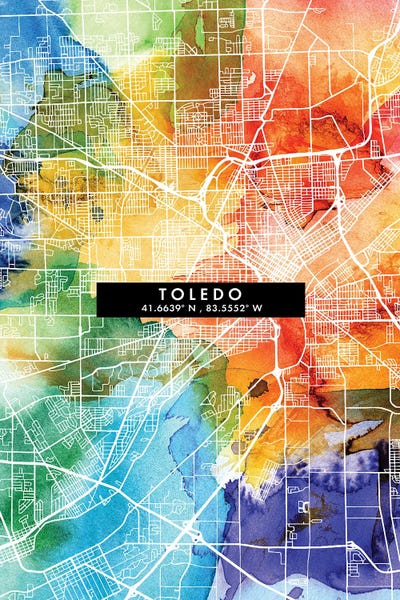 Toledo City Map Colorful Watercolor Style by WallDecorAddict framed canvas print