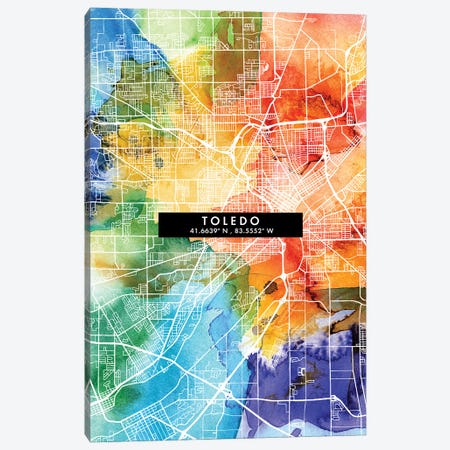 Toledo City Map Colorful Watercolor Style Canvas Print #WDA1900} by WallDecorAddict Canvas Print