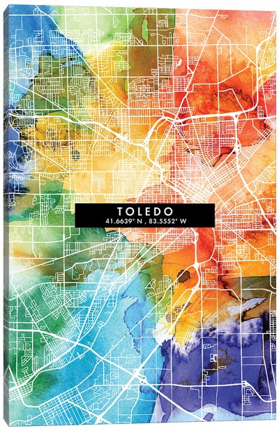 Toledo City Map Colorful Watercolor Style Canvas Art Print - Ohio Art