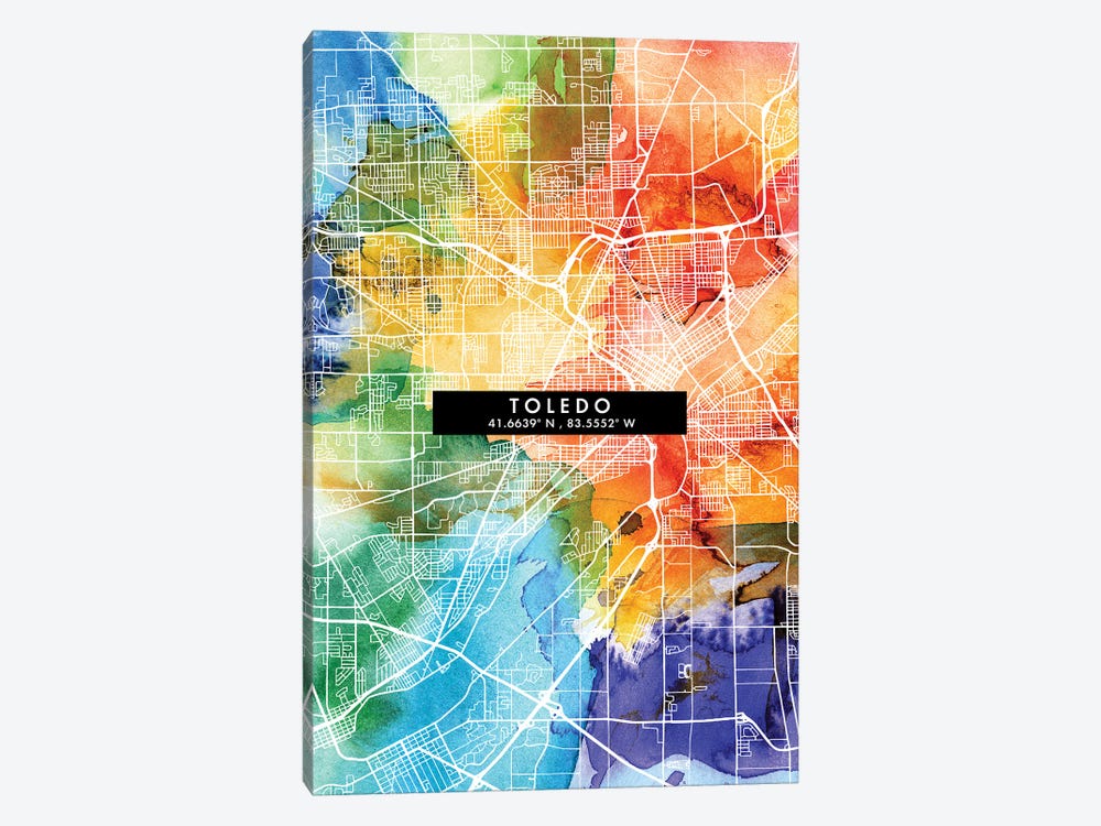 Toledo City Map Colorful Watercolor Style by WallDecorAddict 1-piece Canvas Artwork