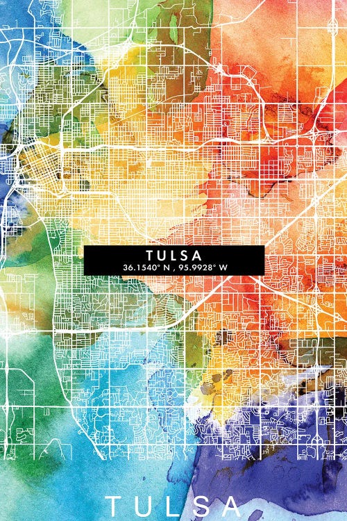 Tulsa City Map Colorful Watercolor Style