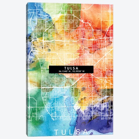 Tulsa City Map Colorful Watercolor Style Canvas Print #WDA1901} by WallDecorAddict Art Print