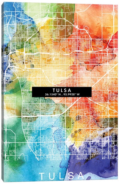 Tulsa City Map Colorful Watercolor Style Canvas Art Print - Oklahoma Art