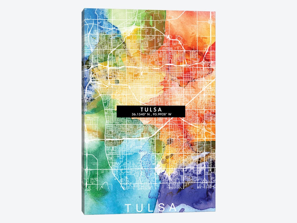 Tulsa City Map Colorful Watercolor Style by WallDecorAddict 1-piece Canvas Art Print