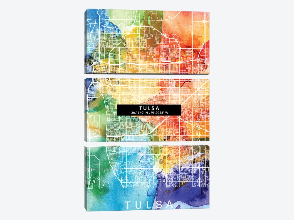 Tulsa City Map Colorful Watercolor Style by WallDecorAddict 3-piece Canvas Print