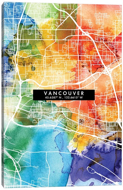 Vancouver City Map Colorful Watercolor Style Canvas Art Print - British Columbia Art