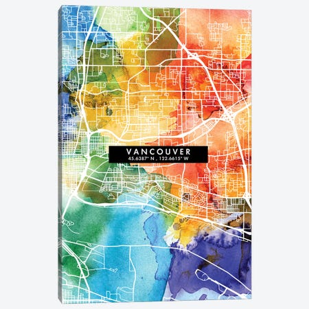 Vancouver City Map Colorful Watercolor Style Canvas Print #WDA1902} by WallDecorAddict Canvas Print