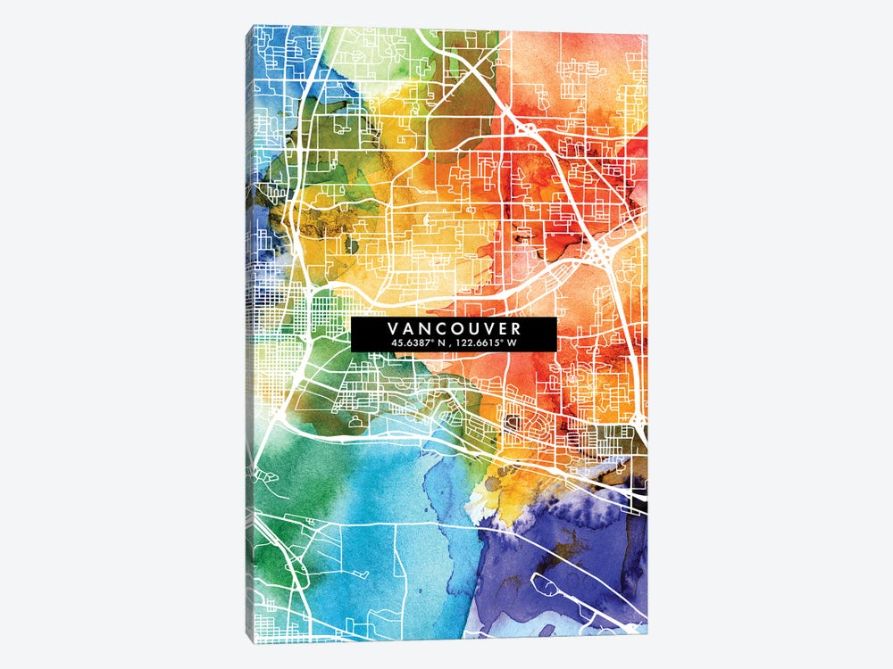 Vancouver City Map Colorful Watercolor Style by WallDecorAddict 1-piece Canvas Art