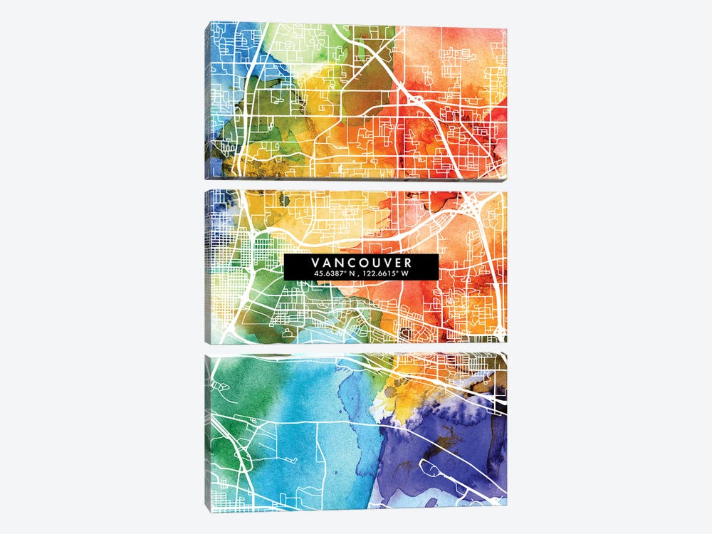 Vancouver City Map Colorful Watercolor Style by WallDecorAddict 3-piece Canvas Artwork