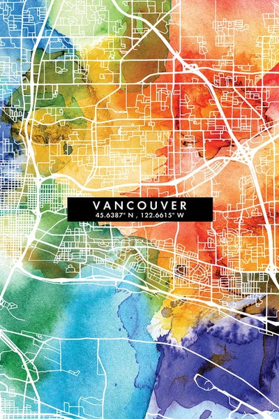 British Columbia: Vancouver City Map Colorful Watercolor Style by WallDecorAddict