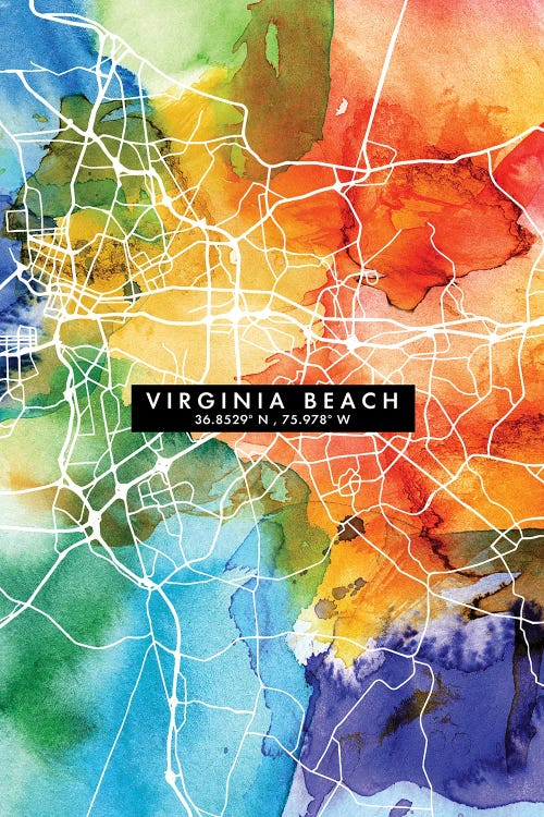 Virginia Beach City Map Colorful Watercolor Style