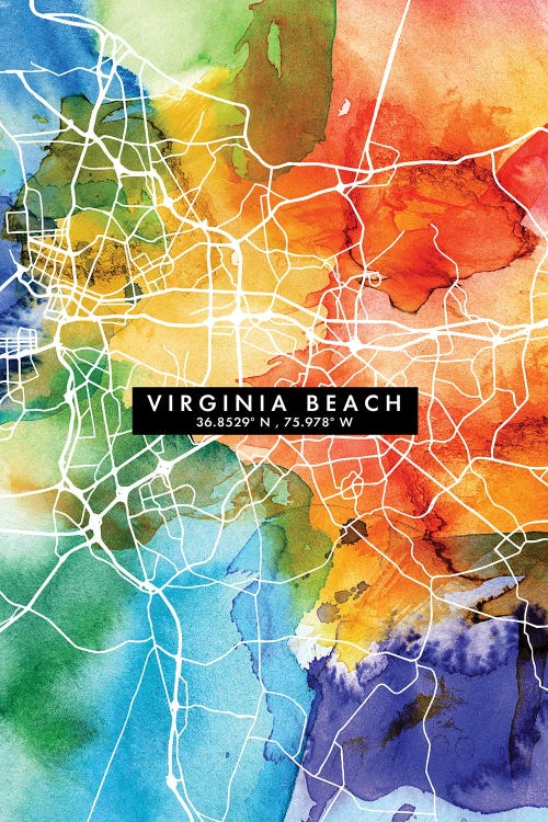 Virginia Beach City Map Colorful Watercolor Style by WallDecorAddict wall art
