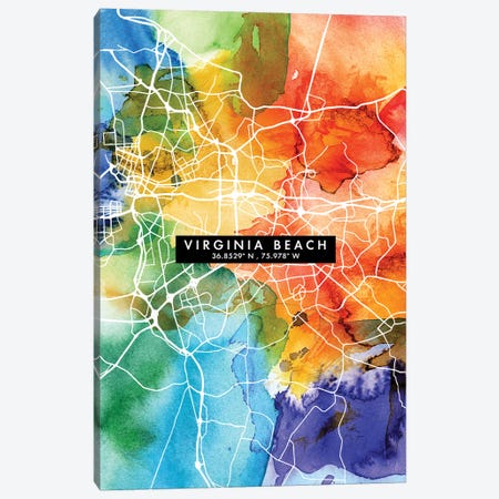 Virginia Beach City Map Colorful Watercolor Style Canvas Print #WDA1903} by WallDecorAddict Canvas Print