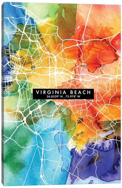 Virginia Beach City Map Colorful Watercolor Style Canvas Art Print - Virginia Art