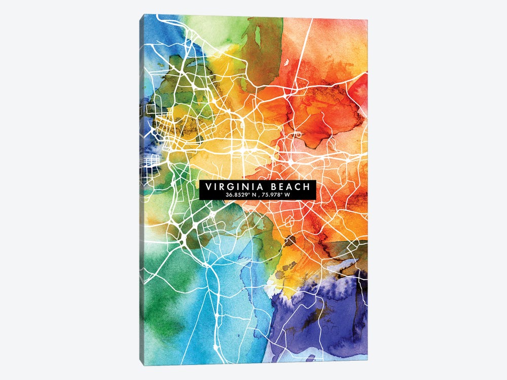 Virginia Beach City Map Colorful Watercolor Style by WallDecorAddict 1-piece Canvas Art Print