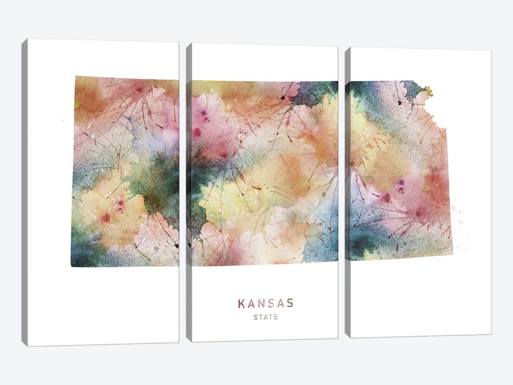 Kansas Watercolor State Map by WallDecorAddict 3-piece Canvas Print
