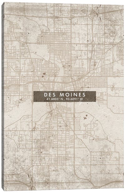 Des Moines City Map Abstract Style Canvas Art Print - Iowa Art