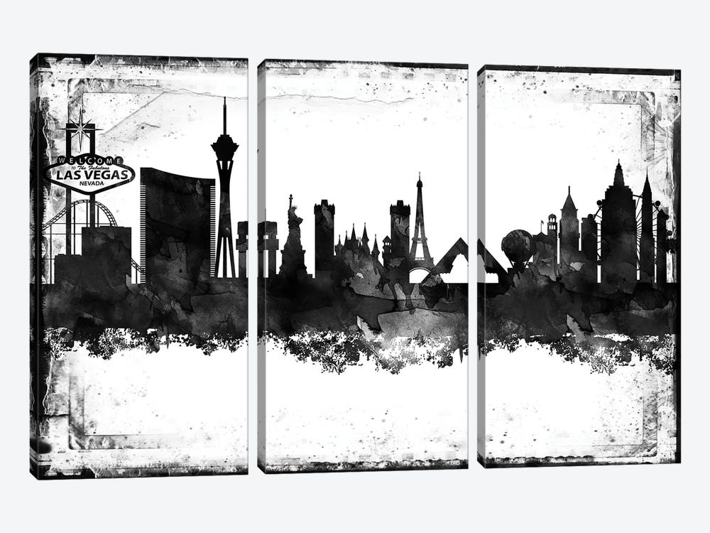 Las Vegas Black And White Framed Skylines by WallDecorAddict 3-piece Canvas Art