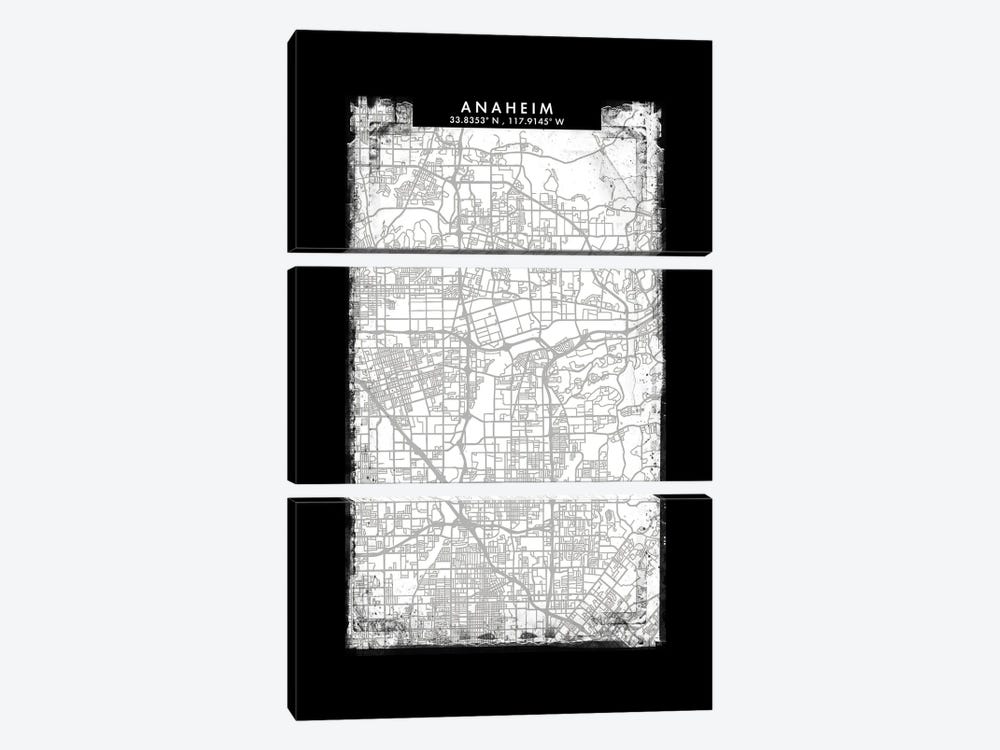 Anaheim City Map Black White Grey Style by WallDecorAddict 3-piece Canvas Wall Art