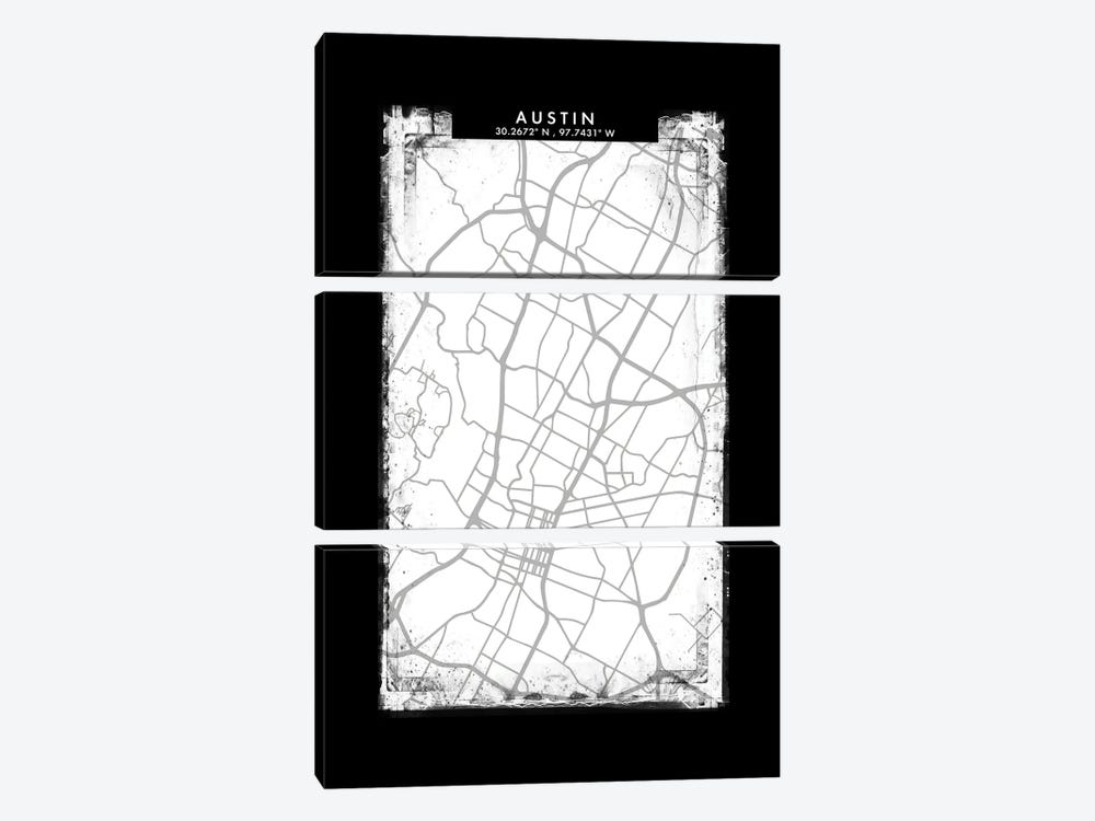 Austin City Map Black White Grey Style by WallDecorAddict 3-piece Canvas Print