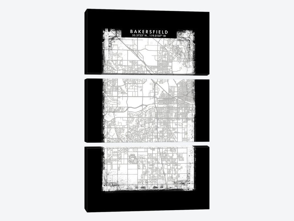 Bakersfield City Map Black White Grey Style by WallDecorAddict 3-piece Canvas Artwork