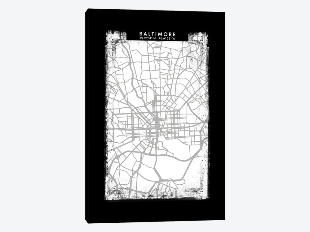 Baltimore City Map Black White Grey Style by WallDecorAddict 1-piece Canvas Art Print